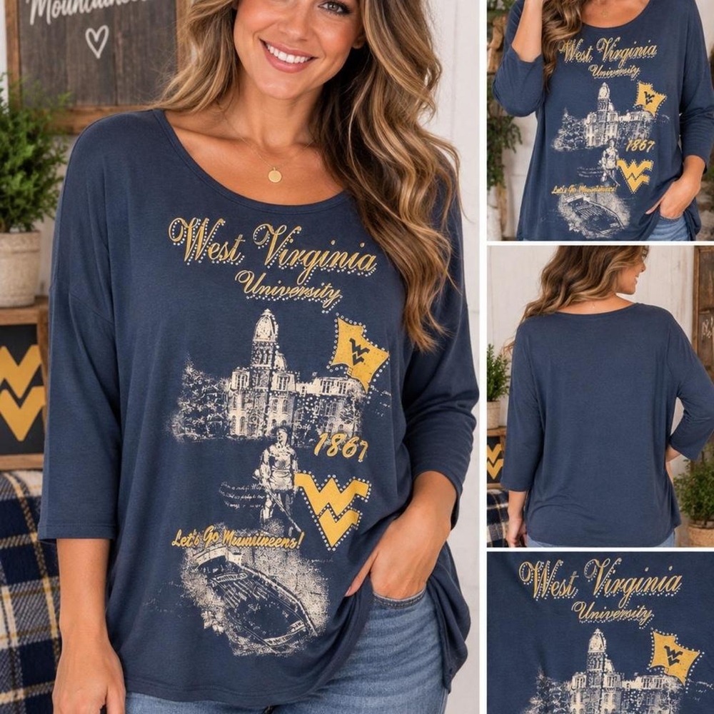 P Michael WVU Mountaineers West Virginia University Rhinestone Top XL Navy